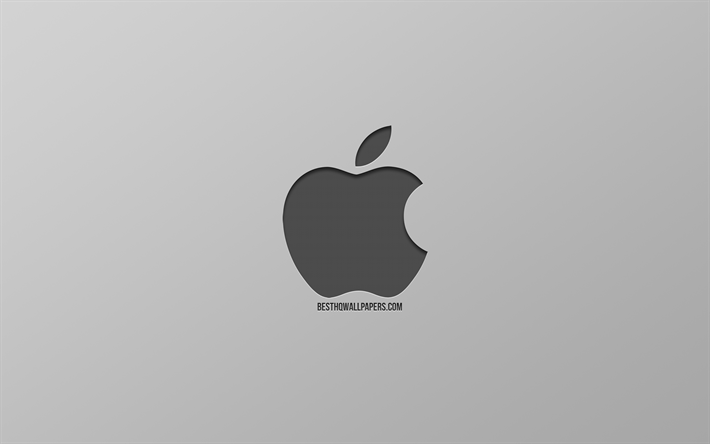 Apple, gri arka plan, logo, Modern Sanat, minimalizm, metal logo, amblem, Apple logosu