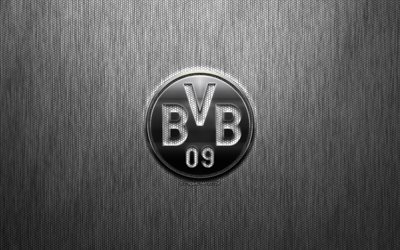 Il Borussia Dortmund, squadra di calcio tedesca, BVB, acciaio, logo, stemma, grigio metallo, sfondo, Dortmund, Germania, Bundesliga, calcio