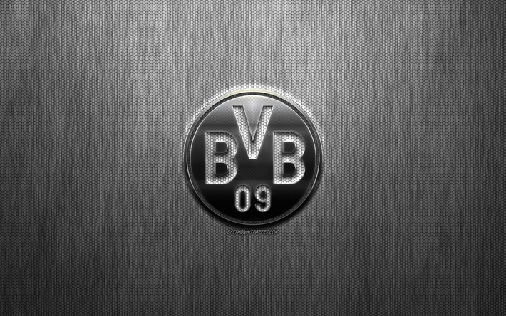 Borussia Dortmund, German football club, BVB, steel logo, emblem, gray metal background, Dortmund, Germany, Bundesliga, football