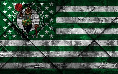 Boston Celtics, 4k, American basketball club, grunge art, grunge tekstuuri, Amerikan lippu, NBA, Boston, Massachusetts, USA, National Basketball Association, USA lippu, koripallo