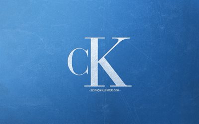 Calvin Klein, il logo, sfondo blu, bianco gesso, logo, stemma, retr&#242; sfondo blu, creativo, arte, stile retr&#242;
