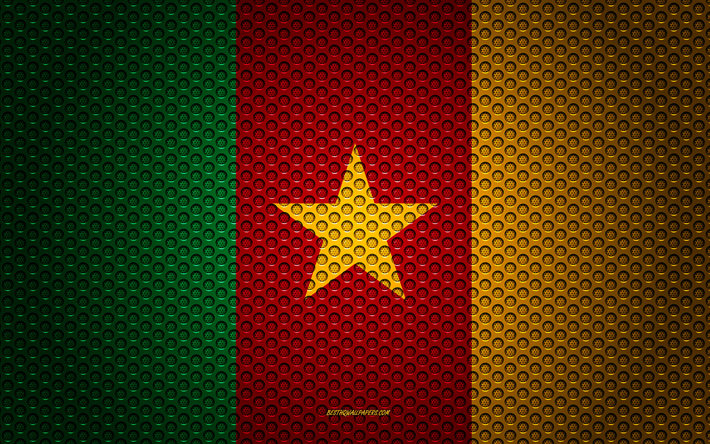 Bandeira de Camar&#245;es, 4k, arte criativa, a malha de metal, Camaron&#234;s bandeira, s&#237;mbolo nacional, Camar&#245;es, &#193;frica, bandeiras de pa&#237;ses Africanos