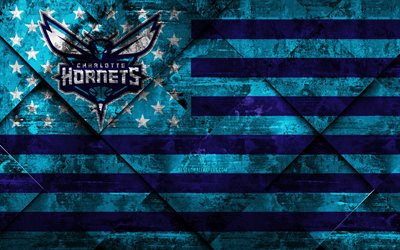 Charlotte Hornets, 4k, American basketball club, grunge art, grunge tekstuuri, Amerikan lippu, NBA, Charlotte, Pohjois-Carolina, USA, National Basketball Association, USA lippu, koripallo