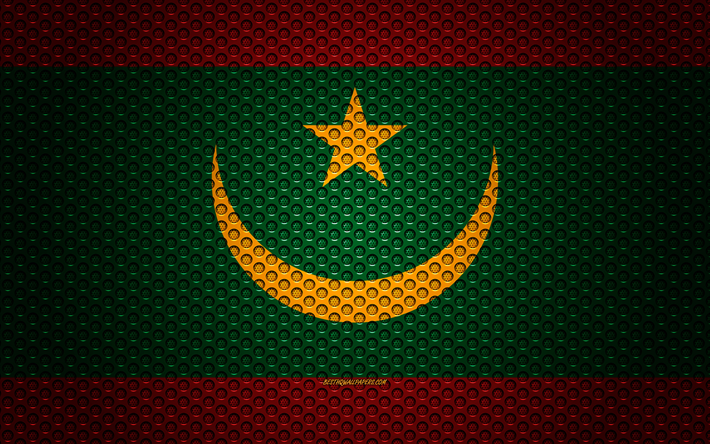 Flaggan i Mauretanien, 4k, kreativ konst, metalln&#228;t konsistens, Mauretanien flagga, nationell symbol, Mauretanien, Afrika, flaggor i Afrikanska l&#228;nder
