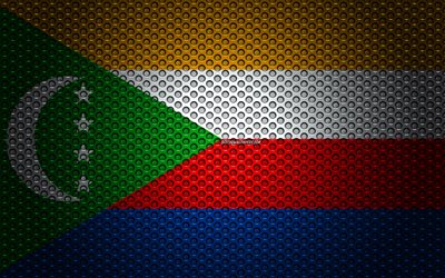Bandera de Comoras, 4k, arte creativo, malla de metal textura, Comoras bandera, s&#237;mbolo nacional, Islas Comores, &#193;frica, las banderas de los pa&#237;ses Africanos