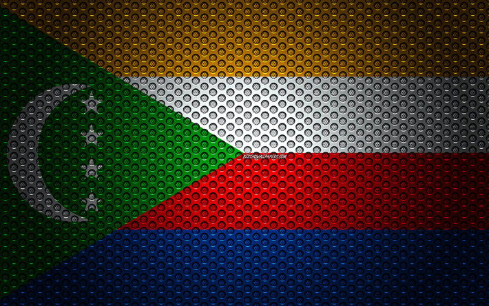 Komor bayrağı, 4k, yaratıcı sanat, metal mesh dokusu, Afrika &#252;lkelerinin bayrak, ulusal sembol, Comoro Adaları, Afrika, bayrak Comoros