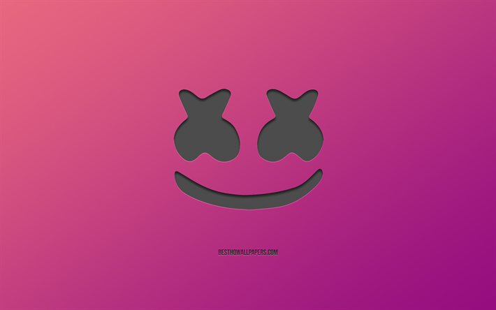 Marshmello, logo, creative art, purple background, gray logo, emblem, American DJ, Marshmello logo