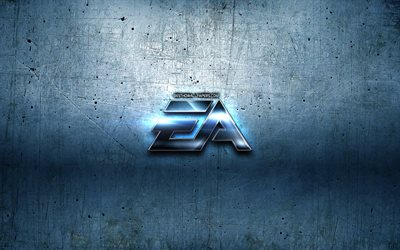 EAゲームマーク, 青色の金属の背景, 創造, EAゲーム, ブランド, EAゲームの3Dロゴ, 作品, EAゲームの金属のロゴ