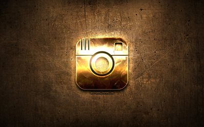 Instagram golden logotyp, sociala n&#228;tverk, konstverk, brun metall bakgrund, kreativa, Instagram logotyp, varum&#228;rken, Instagram