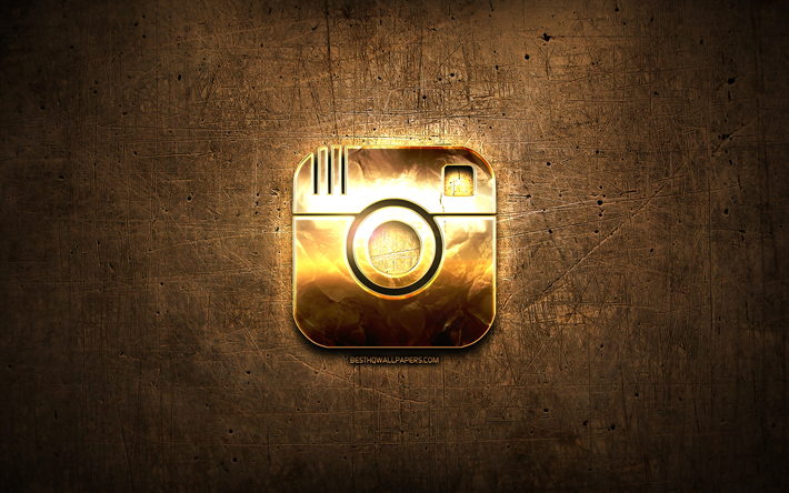 Instagram logo dor&#233;, sur les r&#233;seaux sociaux, illustration, brun, m&#233;tal, fond, cr&#233;atif, Instagram logo, marques, Instagram