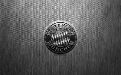 FC Bayern Munich, German football club, steel logo, emblem, gray metal background, Munich, Germany, Bundesliga, football