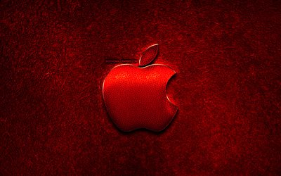 Apple logo, red stone background, creative, Apple, brands, Apple 3D logo, artwork, Apple red metal logo