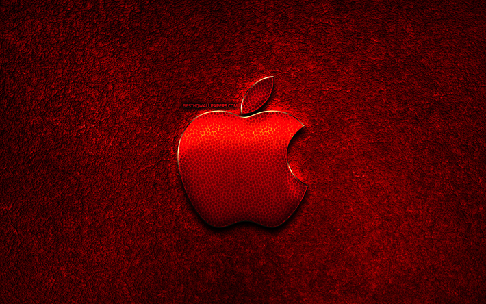 Apple logosu, kırmızı taş arka plan, yaratıcı, Apple, marka, Apple 3D logo, resimler, Elma kırmızı metal logo