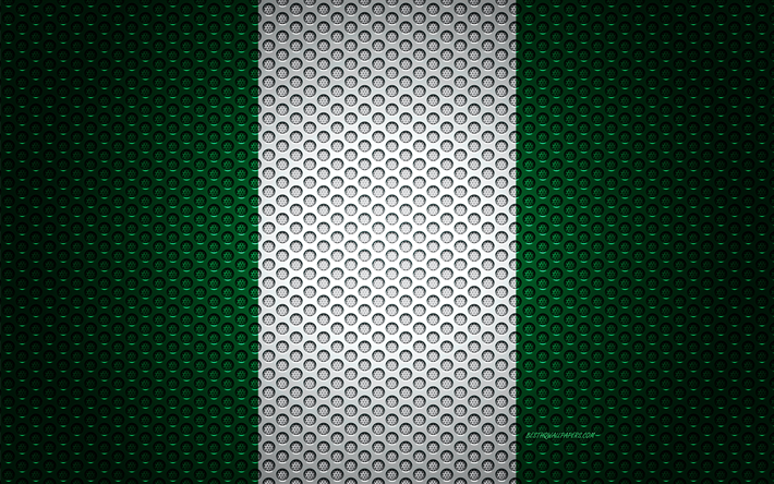 Flaggan i Nigeria, 4k, kreativ konst, metalln&#228;t konsistens, Nigerianska flagga, nationell symbol, Nigeria, Afrika, flaggor i Afrikanska l&#228;nder