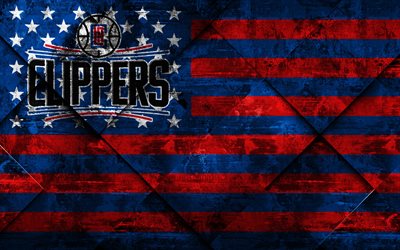 Los Angeles Clippers, 4k, American basketball club, grunge art, rhombus grunge tekstuuri, Amerikan lippu, NBA, Los Angeles, California, USA, National Basketball Association, USA lippu, koripallo