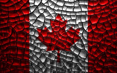 旗のカナダ, 4k, ひび割れの土, 北米, カナダフラグ, 3Dアート, カナダ, 北アメリカ諸国, 国立記号, カナダの3Dフラグ