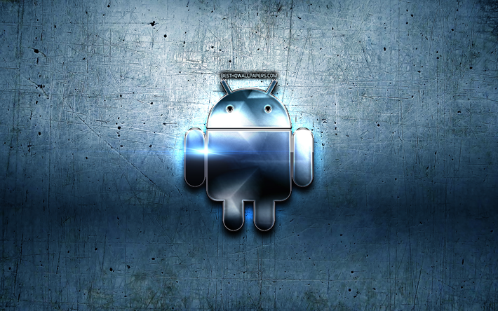 Android logo en m&#233;tal, bleu m&#233;tal, fond, OS, œuvres d&#39;art, Android, marques, Android 3D logo, cr&#233;ation, logo Android
