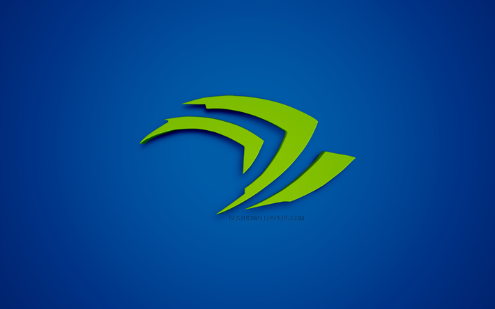 NVidiaのロゴ, エンブレム, 青色の背景, 緑3Dロゴ, 【クリエイティブ-アート, NVidia