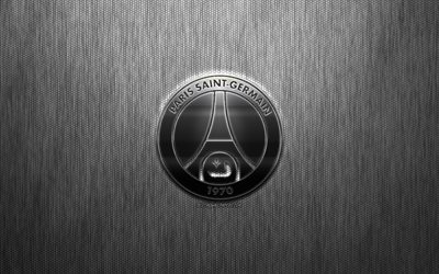O Paris Saint-Germain, O PSG, Clube de futebol franc&#234;s, a&#231;o logotipo, emblema, cinzento metalizado fundo, Paris, Fran&#231;a, Liga 1, futebol