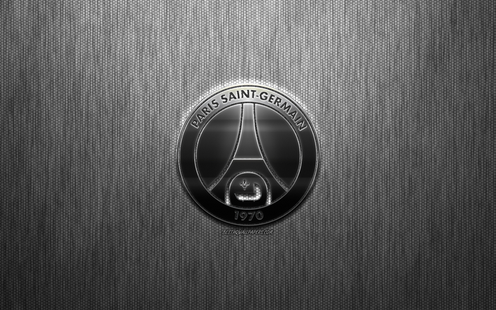 El par&#237;s Saint-Germain, el PSG, club de f&#250;tbol franc&#233;s, de acero logotipo, emblema, color gris met&#225;lico de fondo, Par&#237;s, Francia, la Ligue 1, el f&#250;tbol