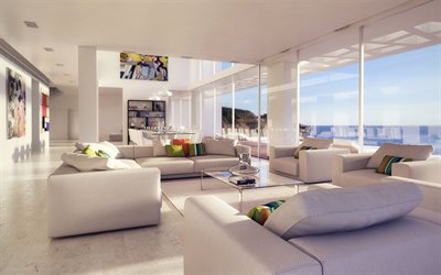 valkoinen iso olohuone, modernit huoneistot, valkoiset sohvat, moderni sisustus, olohuone