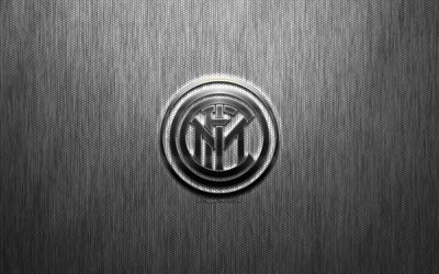 FC Internazionale, Italian football club, Inter Milan FC, steel logo, emblem, gray metal background, Milan, Italy, Serie A, football