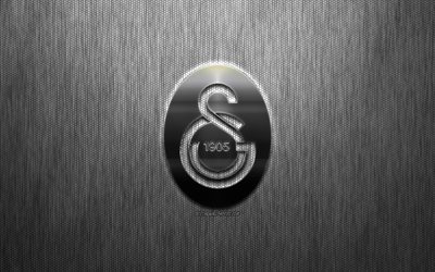 Galatasaray SK, Turkish football club, steel logo, emblem, gray metal background, Istanbul, Turkey, football