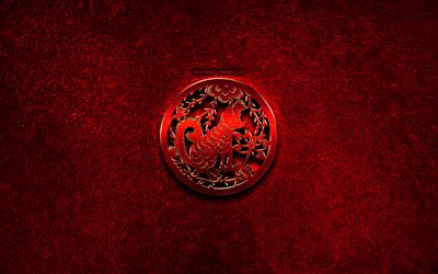 Dog, Chinese zodiac, red metal signs, creative, Chinese calendar, Dog zodiac sign, red stone background, Chinese Zodiac Signs, Dog zodiac