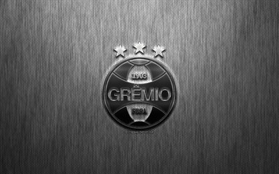 Gremio FC, Brasiliansk fotboll club, st&#229;l logotyp, emblem, gr&#229; metall bakgrund, Porto Alegre, Brasilien, Serie A, fotboll