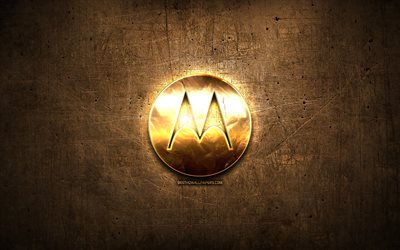 Motorola golden logo, artwork, brown metal background, creative, Motorola logo, brands, Motorola