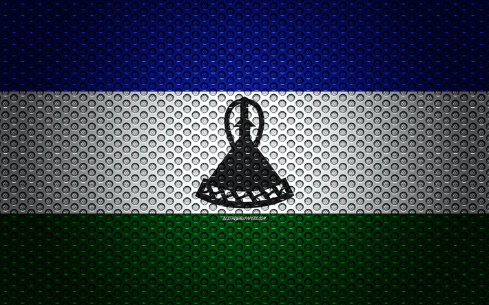 Bandeira do Lesotho, 4k, arte criativa, a malha de metal textura, Lesoto bandeira, s&#237;mbolo nacional, Lesotho, &#193;frica, bandeiras de pa&#237;ses Africanos