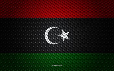 علم ليبيا, 4k, الفنون الإبداعية, شبكة معدنية الملمس, ليبيا العلم, الرمز الوطني, ليبيا, أفريقيا, أعلام البلدان الأفريقية