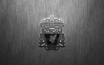 O Liverpool FC, Clube de futebol ingl&#234;s, a&#231;o logotipo, emblema, metal cinza de fundo, Liverpool, Inglaterra, Premier League, futebol