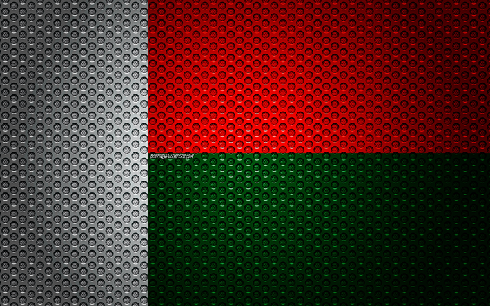 العلم من مدغشقر, 4k, الفنون الإبداعية, شبكة معدنية الملمس, مدغشقر العلم, الرمز الوطني, مدغشقر, أفريقيا, أعلام البلدان الأفريقية