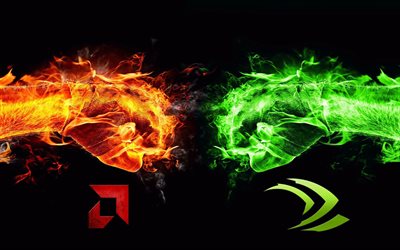 ATI Radeon vs Nvidia, fire hands, battle, brands, Nvidia, ATI Radeon