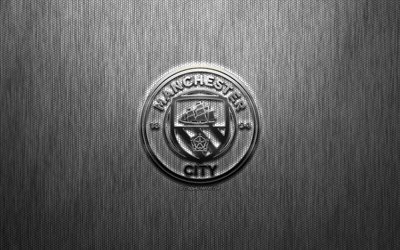 Manchester City FC, Engelska football club, st&#229;l logotyp, emblem, gr&#229; metall bakgrund, Manchester, England, Premier League, fotboll