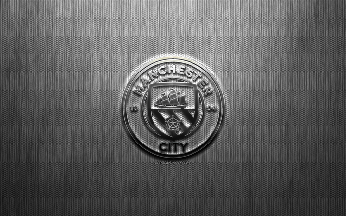 Manchester City FC, English football club, steel logo, emblem, gray metal background, Manchester, England, Premier League, football
