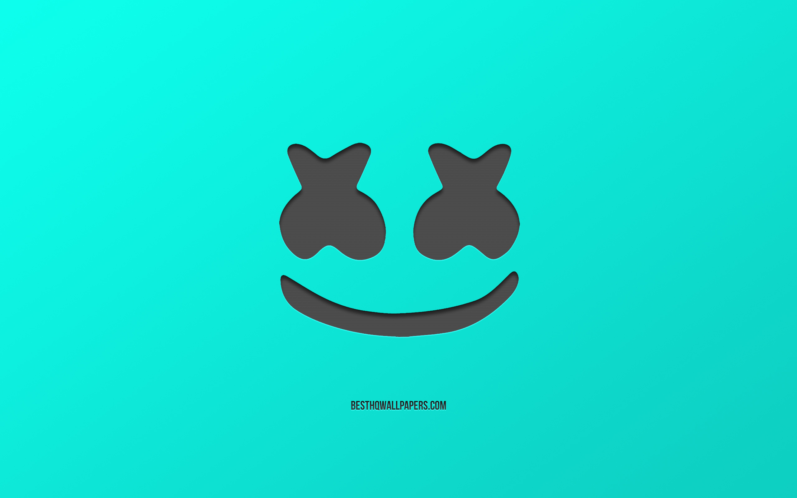 Marshmello, American DJ, logo, turquoise background, emblem, stylish art.