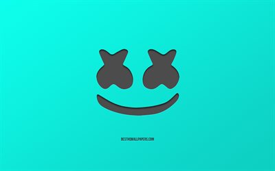 Marshmello, Amerikkalainen DJ, logo, turkoosi tausta, tunnus, tyylik&#228;s taidetta