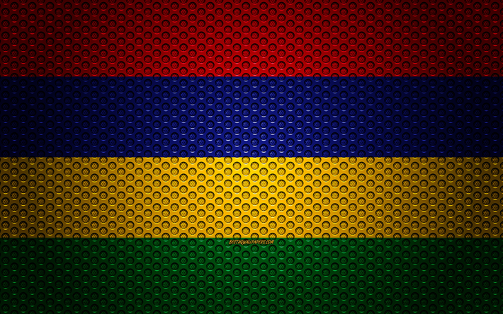 Bandeira das ilhas Maur&#237;cias, 4k, arte criativa, a malha de metal textura, Maur&#237;cio bandeira, s&#237;mbolo nacional, Maur&#237;cio, &#193;frica, bandeiras de pa&#237;ses Africanos