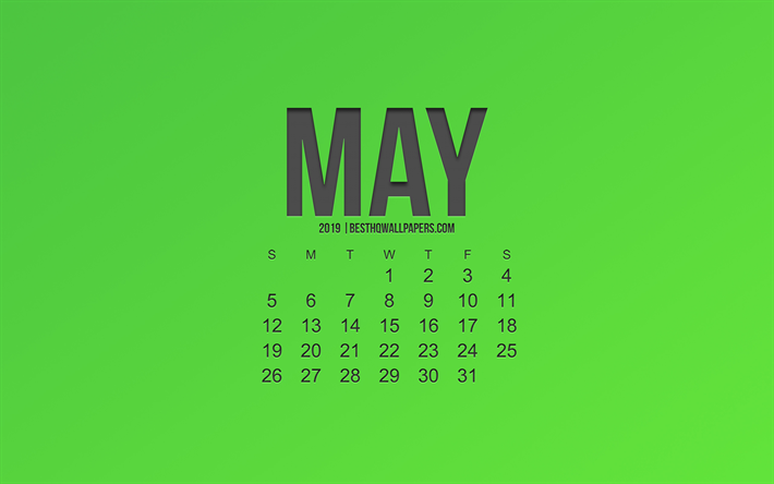 2019 May calendar, green background, spring, 2019 calendars, stylish art, calendar for 2019 May