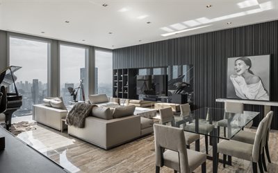 elegante gris interior, sala de estar, pared gris, moderno dise&#241;o de interiores, gris sof&#225;s