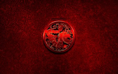 Dragon, Kiinan zodiac, punainen metalli merkkej&#228;, luova, Kiinalaisen kalenterin, Lohik&#228;&#228;rme, horoskooppi, punainen kivi tausta, Kiinalainen Horoskooppi, Dragon zodiac