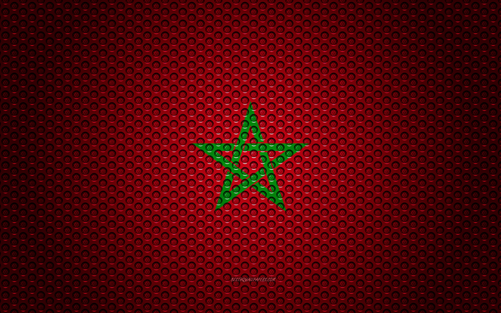 フラグモロッコ, 4k, 【クリエイティブ-アート, 金属メッシュの質感, モロッコの国旗, 国立シンボル, モロッコ, アフリカ, 旗のアフリカ諸国