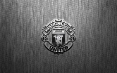 Manchester United FC, English football club, steel logo, emblem, gray metal background, Manchester, England, Premier League, football