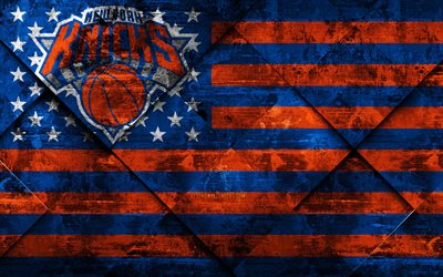 New York Knicks, 4k, Amerikanska flaggan club, grunge konst, grunge textur, Amerikanska flaggan, NBA, New York, USA, National Basketball Association, USA flagga, basket