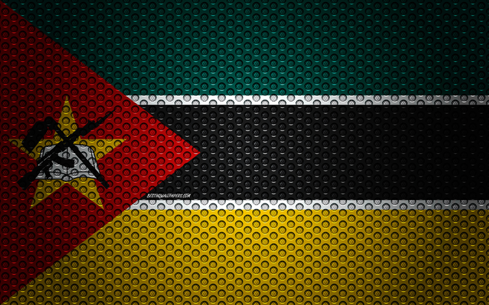 Flag of Mozambique, 4k, creative art, metal mesh texture, Mozambique flag, national symbol, Mozambique, Africa, flags of African countries