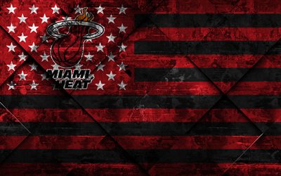 Miami Heat, 4k, American basketball club, grunge art, rhombus grunge tekstuuri, Amerikan lippu, NBA, Miami, Florida, USA, National Basketball Association, USA lippu, koripallo