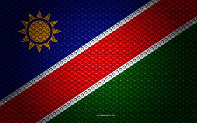 flagge von namibia, 4k -, kunst -, metall textur, namibia fahne, national, symbol, namibia, afrika, flaggen der afrikanischen l&#228;nder
