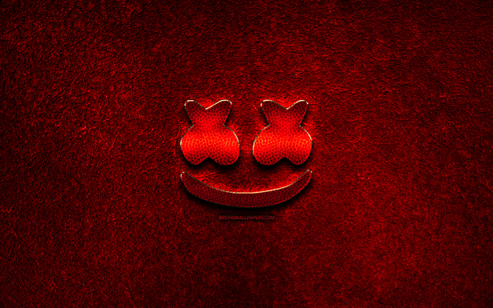 Marshmello logo vermelho, f&#227; de arte, american DJ, logotipo do metal, Christopher Comstock, Marshmello, pedra vermelha de fundo, DJ Marshmello, DJs, Marshmello logotipo do metal